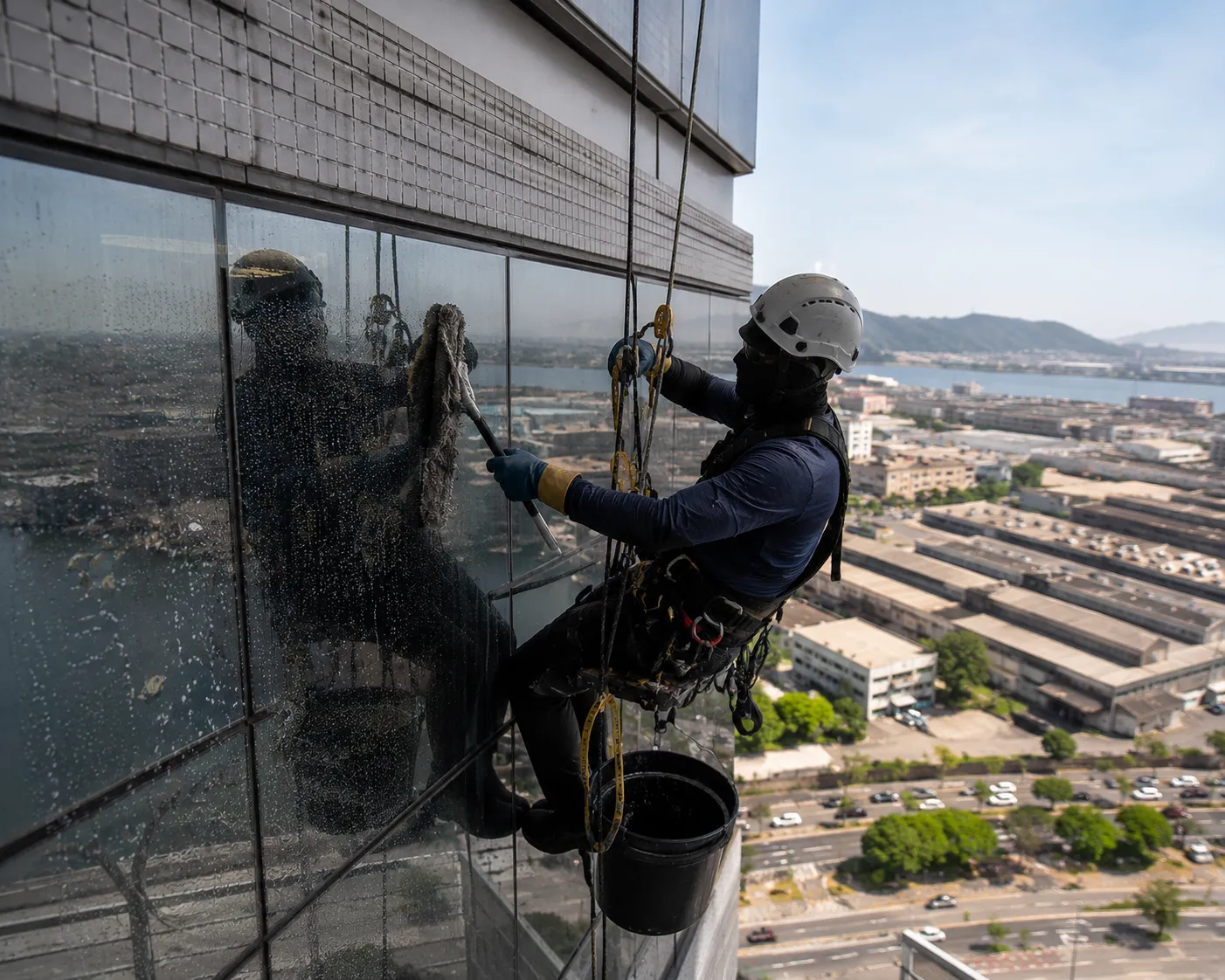 Limpeza de fachadas, ACM e vidraças prediais em altura com alpinismo industrial em Fortaleza
